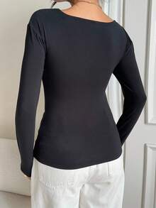 SHEIN EZwear 女士黑色针织垂领修身T恤 - 黑色 - 查看 2
