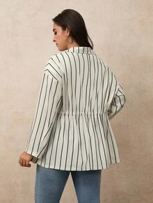 EMERY ROSE معطف نسائي بخطوط وياقة طية وأكمام طويلة وحزام خصر وجيوب لفصلي الخريف والشتاء - متعدد الألوان - مشاهدة 2