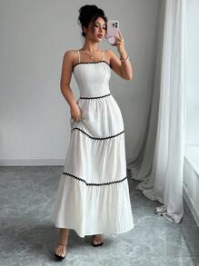 SHEIN PETITE 女式 2025 拼色露背系带纹理连衣裙