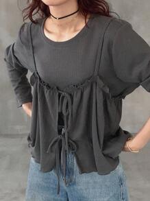 FRIFUL Women's Casual Solid Color 2 In 1 T-Shirt,Fall Women Clothes Cinched Waist Top Waffle Knit Top Dark Grey Top Ruched Top Drawstring Top Long Sleeve Top - Grey - View 6