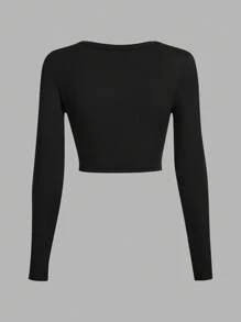 SHEIN EZwear Bộ 3 áo thun tay dài bó sát cổ chữ U màu đen, thích hợp cho mùa thu/đông - Nhiều màu - Xem 8