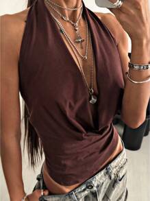 StreetHx Women's Coffee Brown Music Festival Draped Neck Streetwear Vacation Beach Party Sexy Camisole