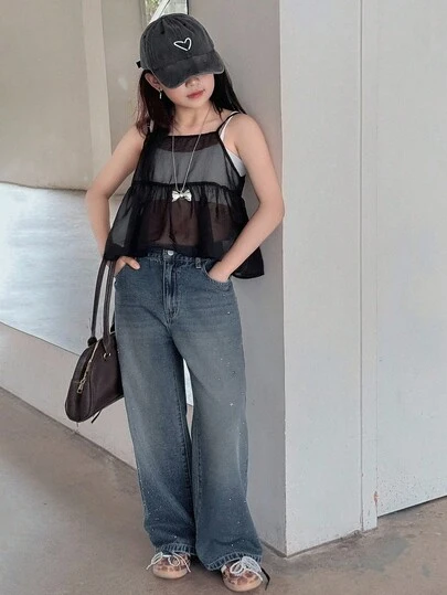 Dazy Kids Quần Jeans Denim Cho Bé Gái Tuổi Teen Quần Jeans Ống Rộng Đính Đá Rhinestones Quần Jeans Rộng Cho Bé Gái
