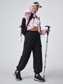 女士弹力抽绳腰带工装牛仔裤，户外徒步防晒速干徒步裤 - 黑色 - 查看 3
