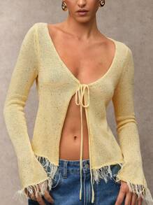 SHEIN BAE 女式休闲亮片装饰流苏下摆系带黄色开衫、秋季毛衣、啦啦队、可爱毛衣、女式毛衣、外出上衣、正式上衣、返校服、可爱上衣、毛衣、可爱、可爱毛衣 - 黃色 - 查看 1