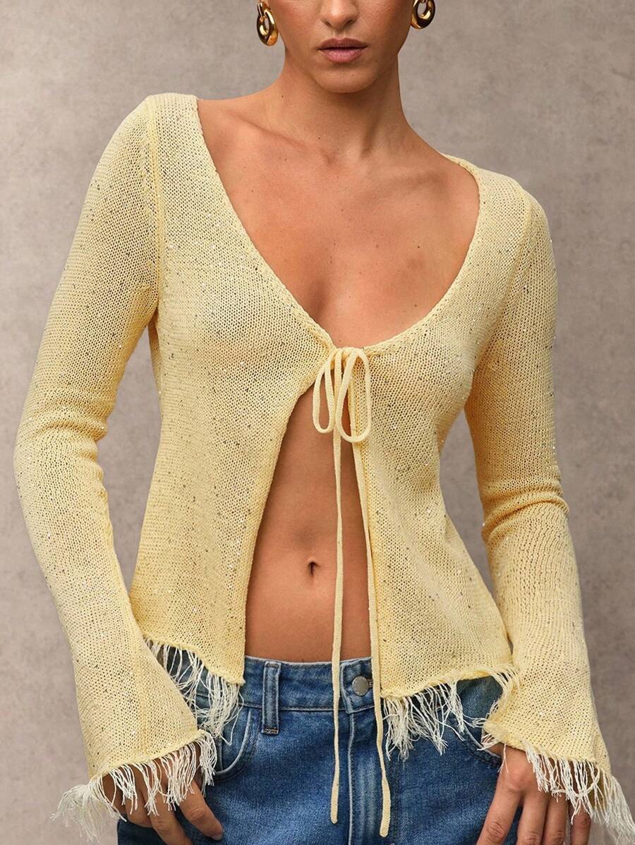 SHEIN BAE 女式休闲亮片装饰流苏下摆系带黄色开衫、秋季毛衣、啦啦队、可爱毛衣、女式毛衣、外出上衣、正式上衣、返校服、可爱上衣、毛衣、可爱、可爱毛衣 - 黃色 - 查看 1