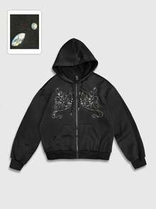 ROMWE MEN Street Life Men's Rhinestone Decor Hooded Long Sleeve Sweatshirt Sweatshirt - Black - View 1