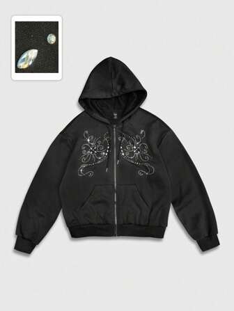 Street Life Sudadera con capucha de manga larga con decoración de rhinestones para hombre