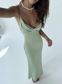 Aloruh Women's Fashionable Elegant Backless Pleated Spaghetti Strap Dress,Party Dress,Wedding Guest Dress - Green - View 7