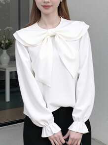 SHEIN 宽松休闲舒适荷叶边蝴蝶结衬衫，适合少女开学季穿着 - 白色 - 查看 7