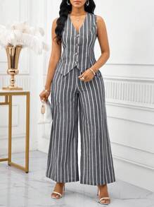 SHEIN Lady 2025 新款撞色条纹面料女士优雅无袖背心和裤子套装，商务通勤风格，夏季女士两件套服装女士两件套服装，女士工作服条纹两件套2件套女士休闲 - 灰色 - 查看 8