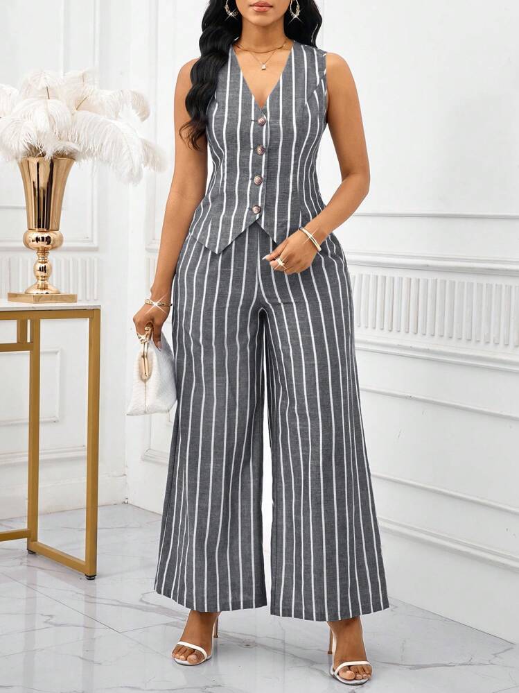 SHEIN Lady 2025 新款撞色条纹面料女士优雅无袖背心和裤子套装，商务通勤风格，夏季女士两件套服装女士两件套服装，女士工作服条纹两件套2件套女士休闲 - 灰色 - 查看 8