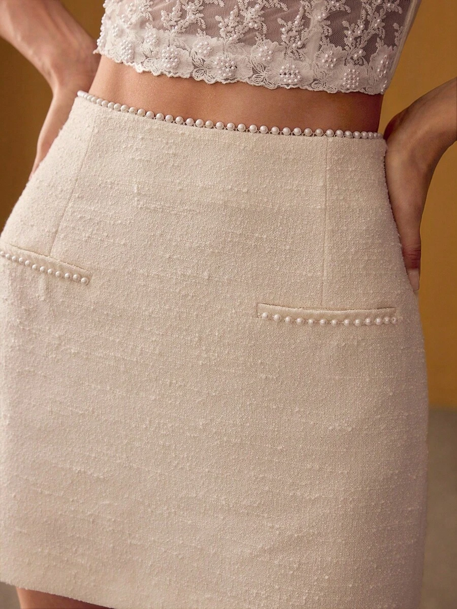 MOTF PREMIUM TWEED SOLID FAUX PEARLS DETAIL SKIRT - Beige - View 2