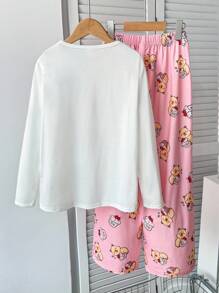 SHEIN Tween Girl 可爱熊和几何心形图案奶油白色休闲简约长袖上衣和裤子 2 件套，适合所有季节，休闲假期 - 米色 - 查看 2