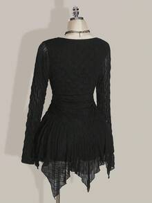 SHEIN ICON 大码女式纯色褶皱方领长袖不对称下摆连衣裙、Y2k 复古不对称下摆连衣裙、万圣节服装、女巫服装黑色连衣裙 - 黑色 - 查看 8