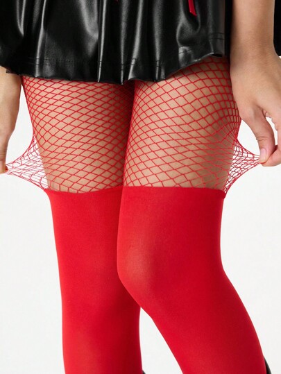 Grunge Punk 1 Pair Sexy Fishnet Tights, Y2K Minimalist Style Solid Red Pantyhose, High Quality Non-Snagging Stirrup Tights, Ultra-Thin Elastic Sheer Leggings