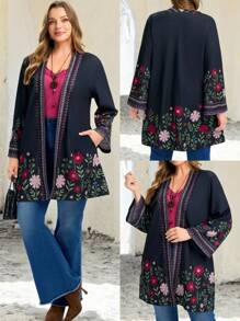 EMERY ROSE 大码女式花卉印花开襟羊毛衫，春秋季度假风格 - 彩色 - 查看 2