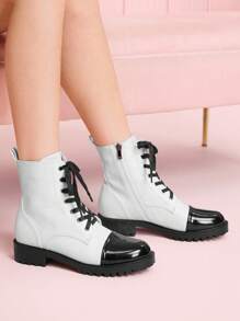 CUCCOO DOLLMOD New Versatile Round Toe Block Heel Patchwork Boots - Black and White - View 1