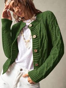 Bohemela Áo khoác cardigan dài tay cổ tròn màu trơn dáng rộng cho nữ, thích hợp mặc khi đi nghỉ, thu đông - Màu xanh lá cây đậm - Xem 6