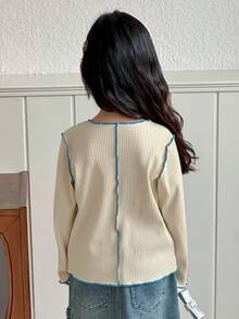 DAZY Young Girls Decorative Contrast Color Long Sleeve T-Shirt, Spring/Autumn - Beige - View 3