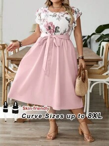 SHEIN CURVE+ Plus Size Women Floral Print Round Neck Cap Sleeve Elegant Dress, Summer Vacation Curve Summer Dresses Plus Size Summer Dresses Floral Print Summer Dress 8xl Dresses Women Summer Dresses