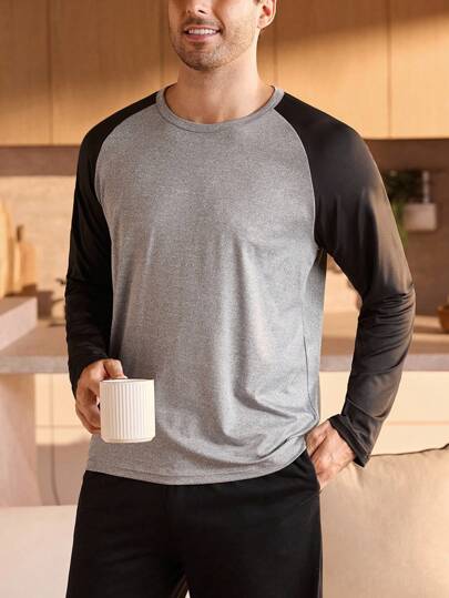 Manfinity Underwear&Sleepwear Basics 大码男士撞色拼布睡衣套装上衣男士家居服睡衣秋季