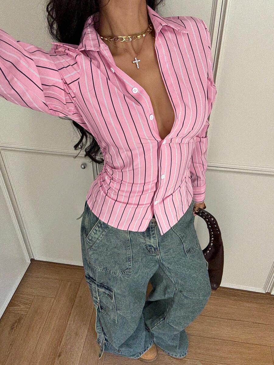 StreetHx Women's Single-Breasted Long Sleeve Casual Striped Slim Fit Shirt Fall Cloth For Women - Pink - View 1