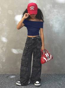 Coolane 青少年女孩夏季纯色露肩修身短款上衣 T 恤，返校季，Y2K，街头服饰 - 藏蓝色 - 查看 4