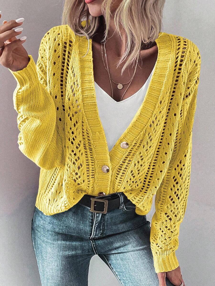 EMERY ROSE Casual Versatile Solid Color Hollow Out Knit Cardigan Knitted Casual Spring Fall Winter - Yellow - View 1