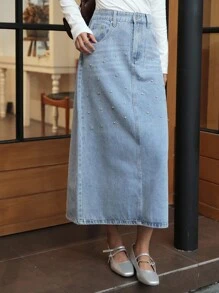 K-Vae Women's Fall Casual Light-Colored Vintage Denim Blue Denim Skirt With Diamonds,Korean Style Fall Women Clothes,Teacher Outfits For Women,School Clothes,Old Money Style