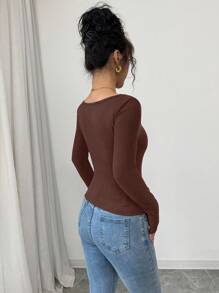 INAWLY 黑色法式优雅荷叶边方领长袖修身女式 T 恤 - 棕色 - 查看 2