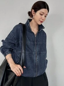 FRIFUL 女式落肩长袖前拉链宽松休闲牛仔夹克超大牛仔夹克女式牛仔夹克拉链牛仔夹克牛仔飞行员夹克女式牛仔裤 - 藍色 - 查看 6