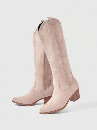 Kawaii Botas vaqueras de estilo occidental bordadas para mujer de talla grande, con forro de ante, botas altas sin cordones, nuevas para otoño/invierno 2025 para exteriores, color rosa