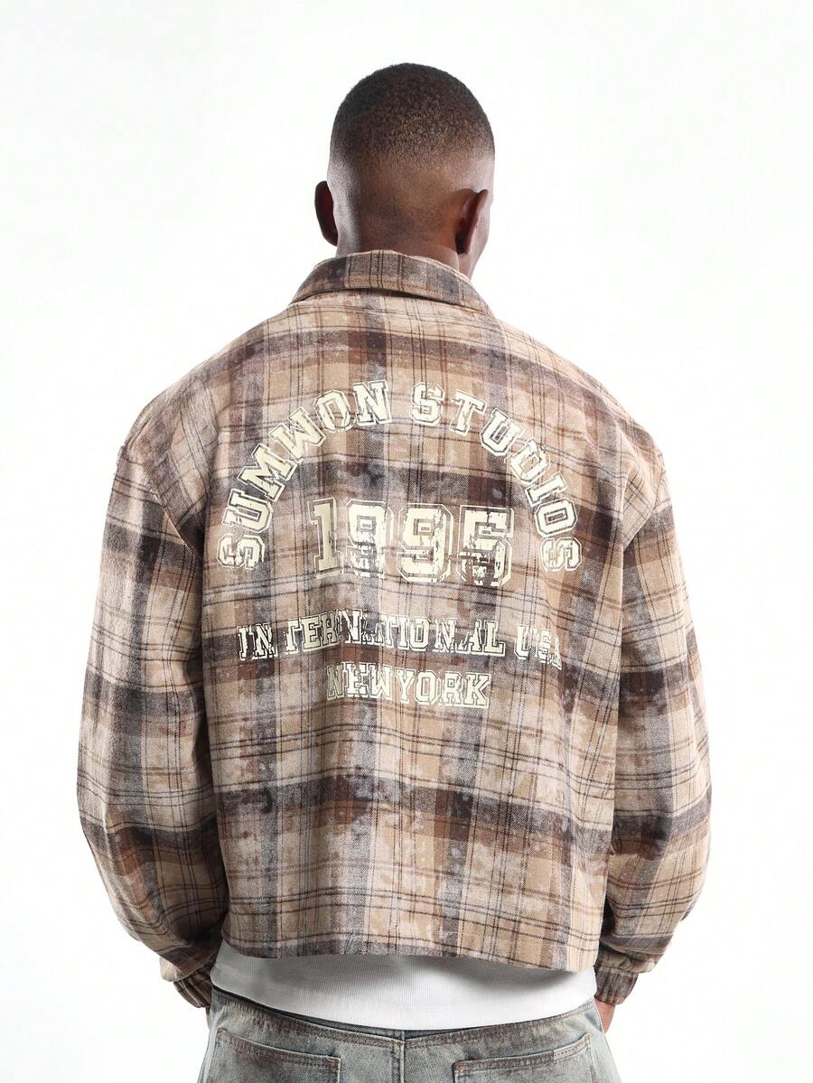 SUMWON 复古学院风法兰绒哈灵顿夹克复古水洗格子冬季学院风拉链休闲外套带品牌刺绣 - 杏色 - 查看 1