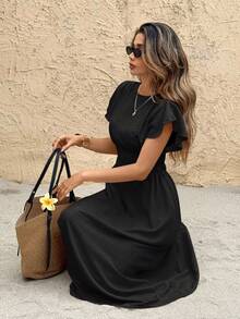 SHEIN Frenchy Women's Solid Color Round Neck Ruffle Short Sleeve Waist Pleated Casual Mid-Length Dress, Summer Black Casual Black Beach - Black - View 6