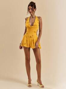 SHEIN BAE 女士花卉亮片低胸性感露背连衣裙 - 薑色 - 查看 6