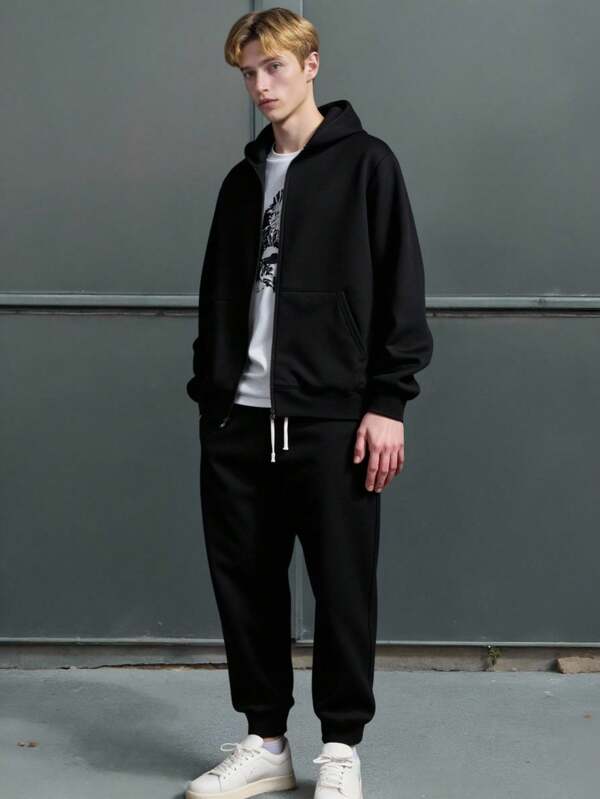 Ensemble de Sweat-shirt slim noir, veste et pantalon pour adolescents garçons. Décontracté, convient à l'école et aux sports, en tissu doux et polyvalent, adapté pour le port quotidien, les cours, les activités extérieures, toutes saisons