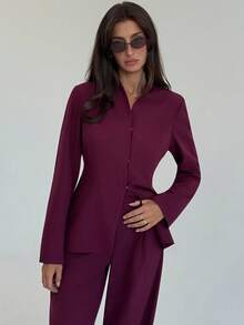Aloruh Women's Solid Color Long Sleeve Single-Breasted Jacket And Pants Casual Suit Set In Fall/Winter - Burgundy - View 3