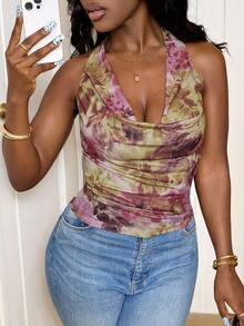 SHEIN PETITE CURVE Plus Size Women Floral Print Draping Halter Neck Backless Sleeveless Blouse - Multicolor - View 6