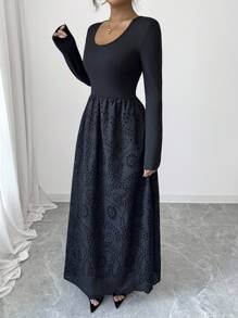 Rafferiza 时尚新款圆领长袖拼布刺绣镂空女式连衣裙