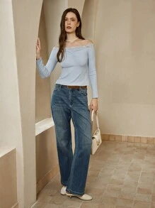 INAWLY Camiseta de moda de manga larga con hombros descubiertos, volantes y parches de encaje acanalado azul para mujer - Azul - Ver 3