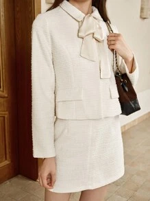 INAWLY Women's Solid Color Bow Decor Regular-Shoulder Elegant Jacket And Skirt 2 Pieces Set Fall Cloth For Women - Apricot - View 3