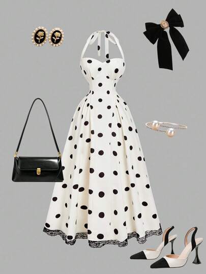 SHEIN MOD 优雅复古波尔卡圆点蕾丝边露背挂脖连衣裙