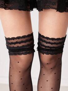 ROMWE Kawaii 1 双可爱波尔卡圆点图案过膝袜，复古甜美蕾丝边过膝袜，超薄弹力透明紧身裤