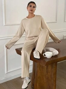 DAZY Women's Casual Solid Color Round Neck Top And 3/4 Pants 2 Pieces Set, Autumn,Fall Women Clothes Tracksuits Women Set Lounge Sets For Women - Apricot - View 7