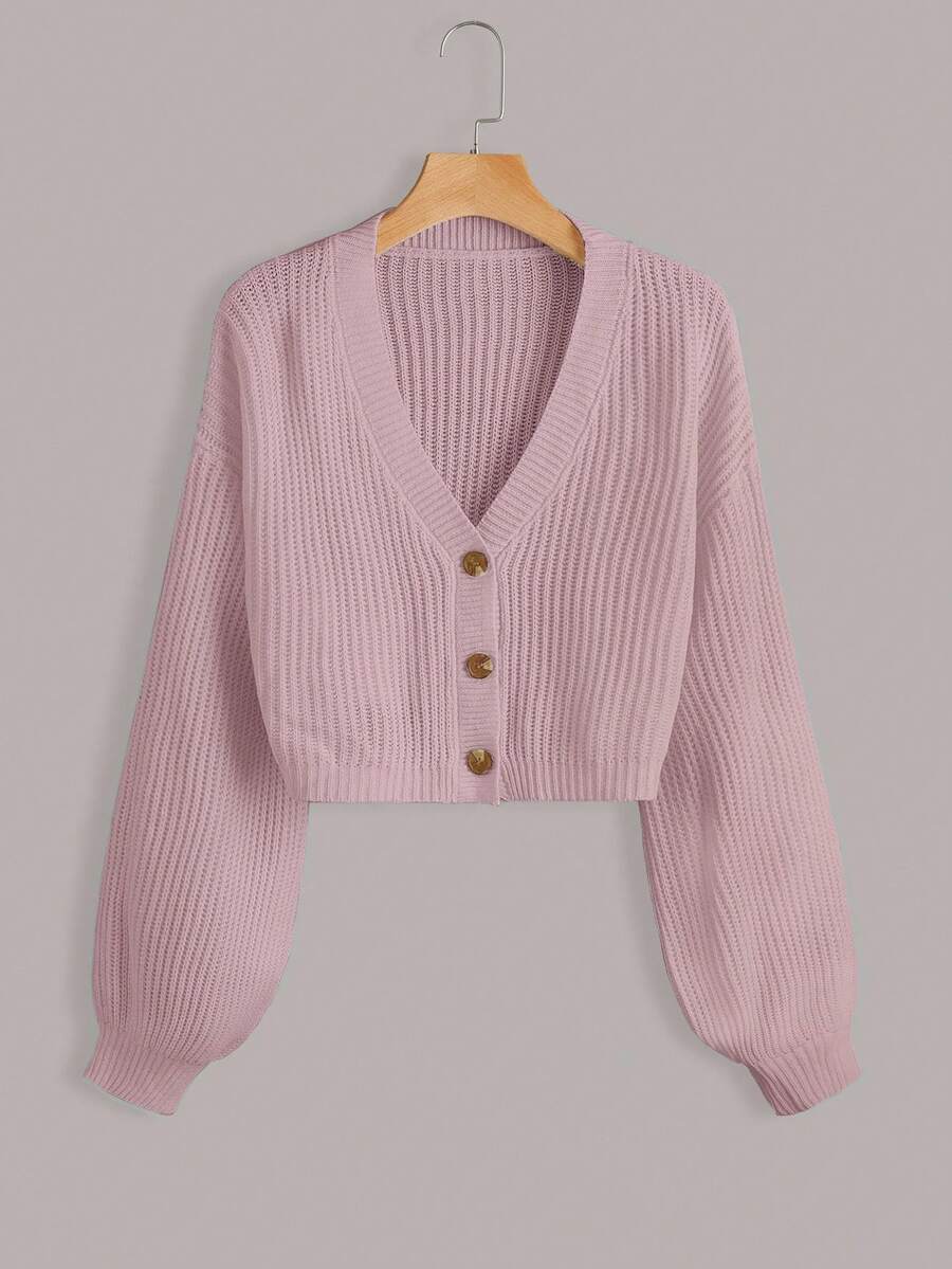 EURMUSE White Lantern Sleeve Button Front Rib Knit Cardigan - Dusty Pink - View 1