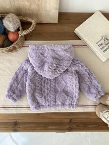 SHEIN Chaqueta casual holgada con capucha forrada térmicamente, de jacquard reversible, para niña bebé, color morado - Morado - Ver 2