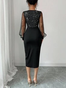 Elenzga 女式亮片闪亮V领网眼拼接闪光派对连衣裙 - 黑色 - 查看 2