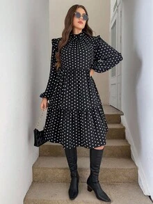 SHEIN LUNE Váy tay đèn lồng họa tiết chấm bi thường ngày và đi làm cỡ lớn - Đen và trắng - Xem 5