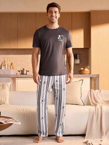 Manfinity Underwear&Sleepwear Basics 2PCS Men's Round Neck Short Sleeve Casual Top And Striped Pants Pajama Set For Men Loungewear PJs Sleepwear - Dark Grey - View 3